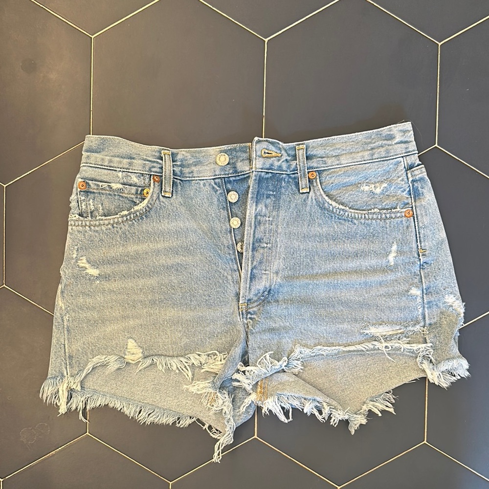 Agolde Blue Jean Shorts Distressed Cut-Off